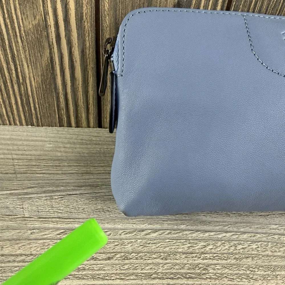 Longchamp Le Pliage Cuir Leather Pouch Cosmetic Bag Pilot Blue Zip Clutch